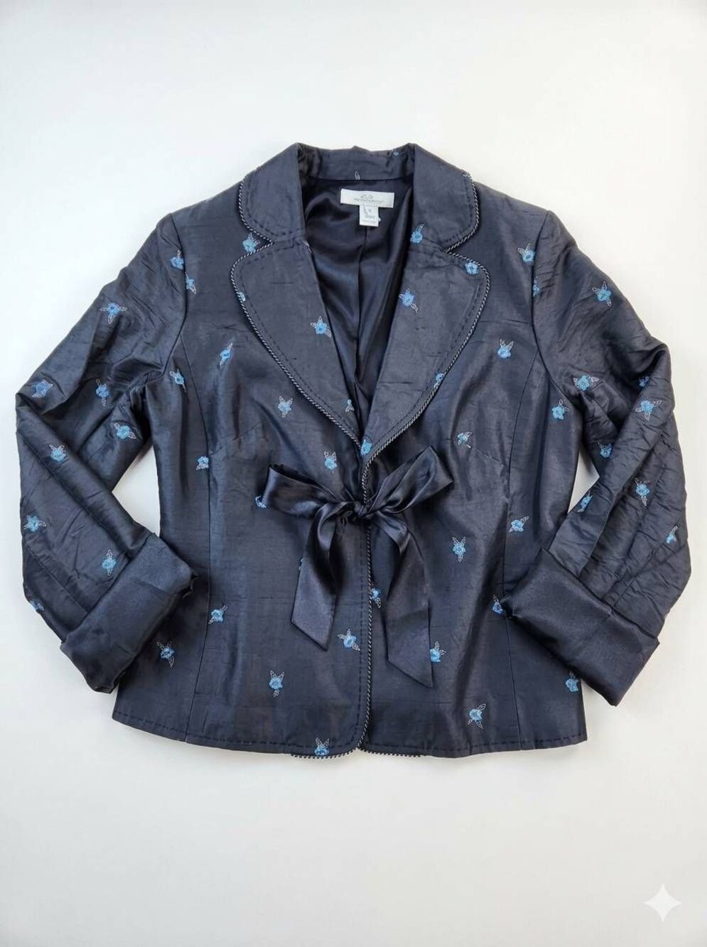 🔺️Intuitions Black & Blue Embroidered Floral Waist Tie Silk Blazer Jacket Size